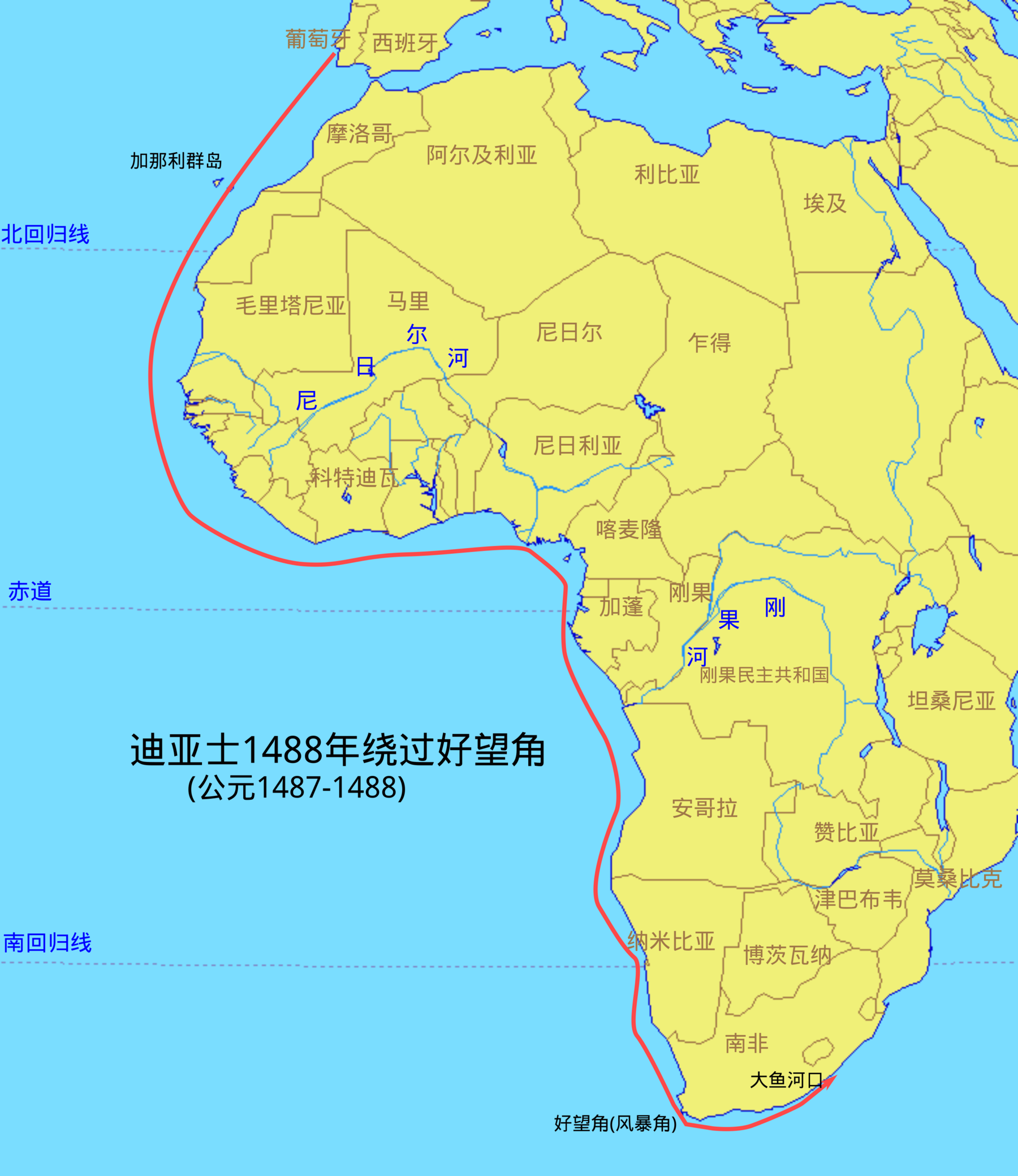 地图 22 迪亚士1488年绕过好望角